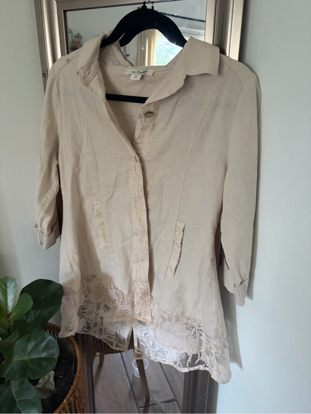 Simply Noelle Beige Button-Front Linen Top with Embroidered Hem